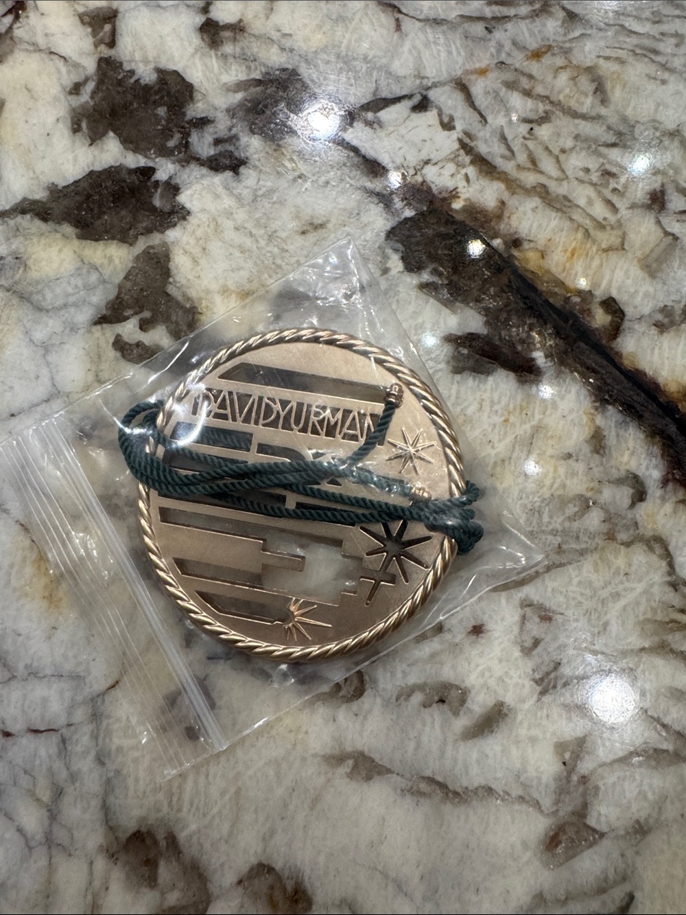 David Yurman Gold-Tone Round Tag with Green Cord